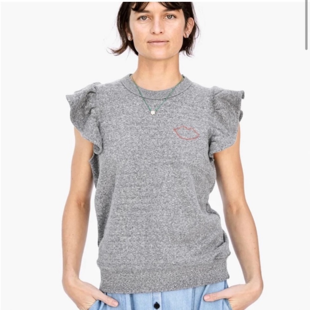 Clare V Ruffle Sweatshirt Vest top gray sleeveless red lips shirt